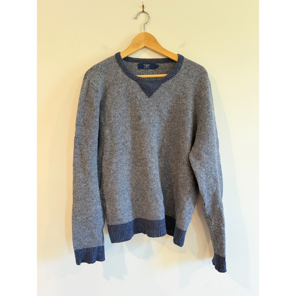 J.CREW Mens 100% Lambswool Raglan Sweater Large L Blue Pullover A9129